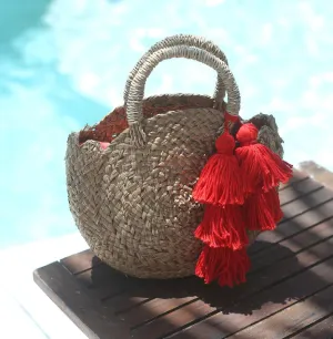 Petite Luna Bag - Round Straw Tote Bag with Red Tassels