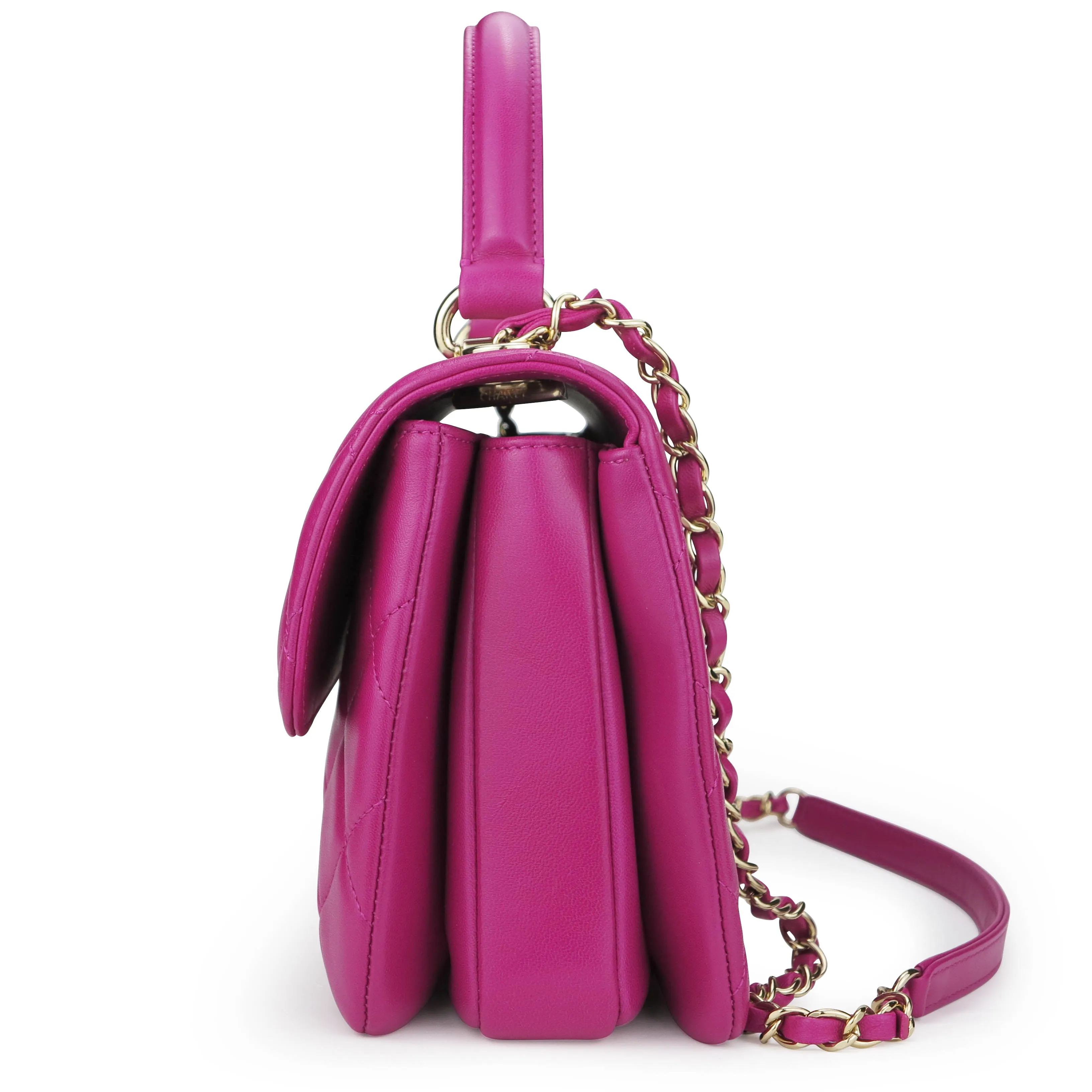 Small Trendy CC Flap Bag with Top Handle in Fuschia Lambskin