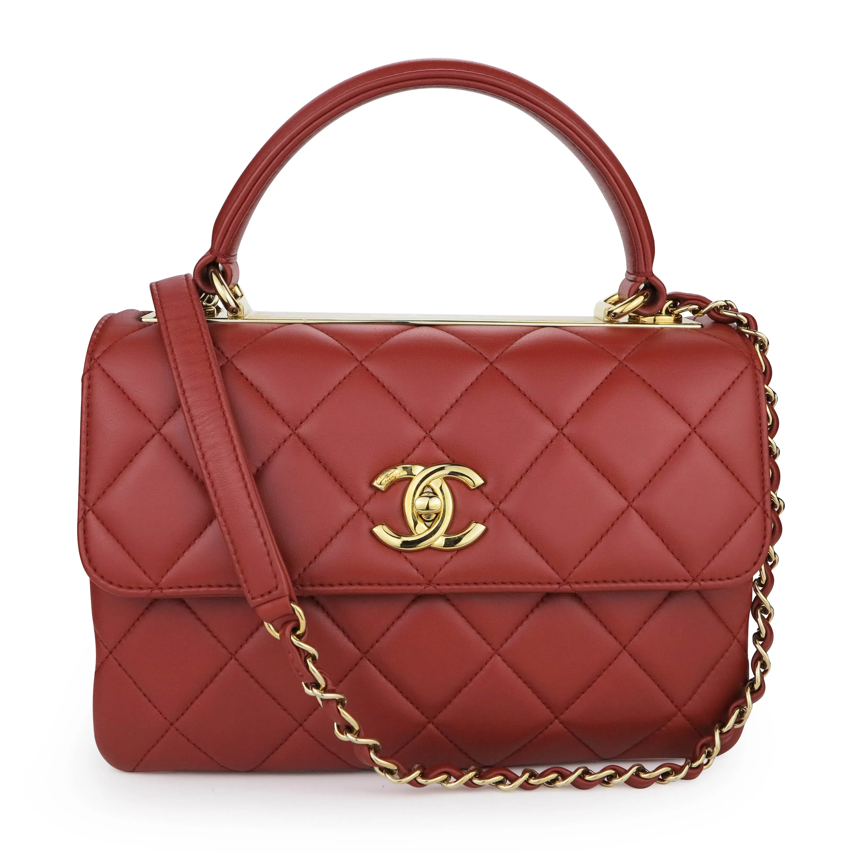 Small Trendy CC Flap Bag with Top Handle in Red Lambskin
