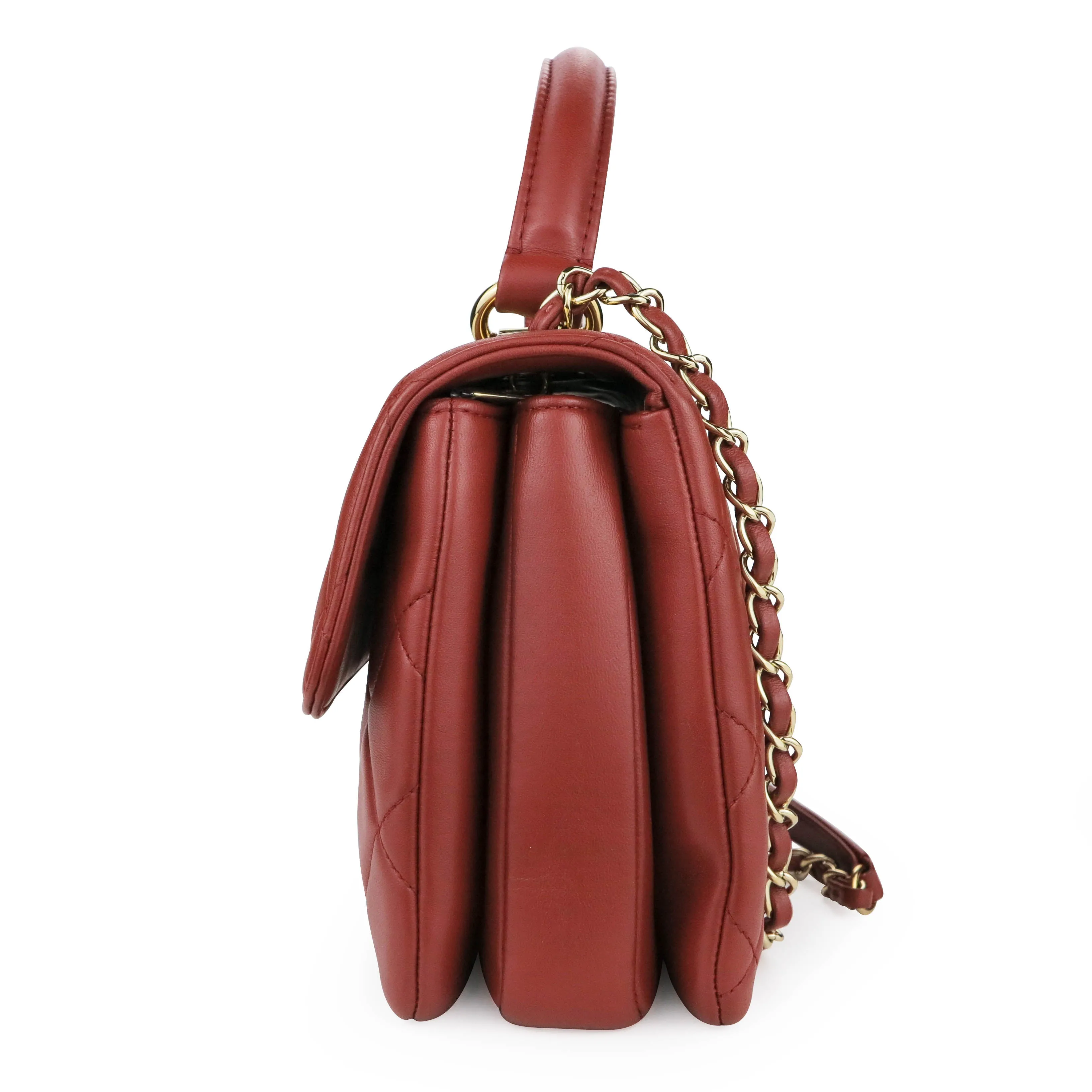 Small Trendy CC Flap Bag with Top Handle in Red Lambskin
