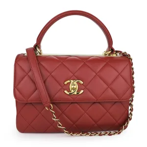 Small Trendy CC Flap Bag with Top Handle in Red Lambskin