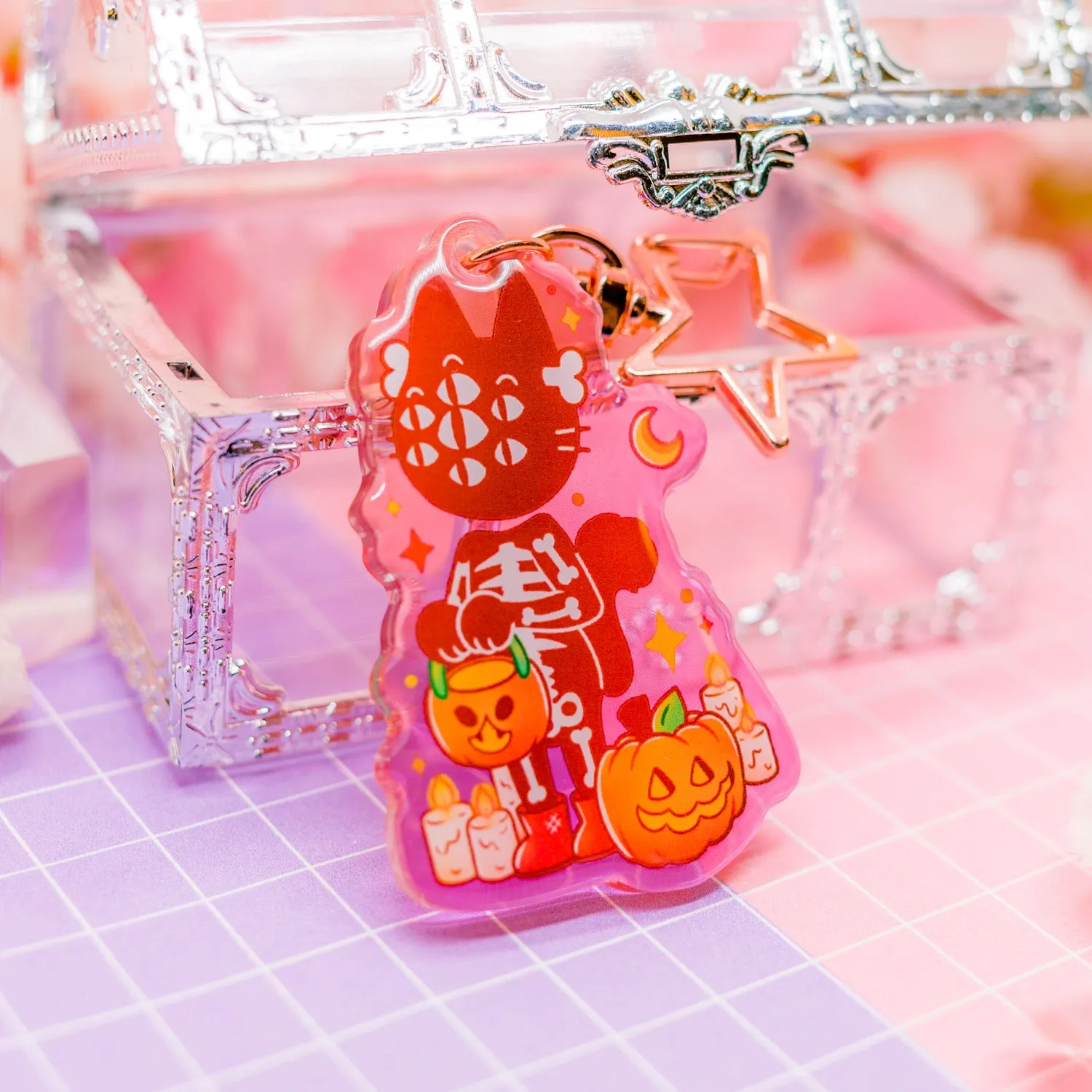 Spooky Town - Skeleton Cat acrylic charm / keychain (gradient acrylic)