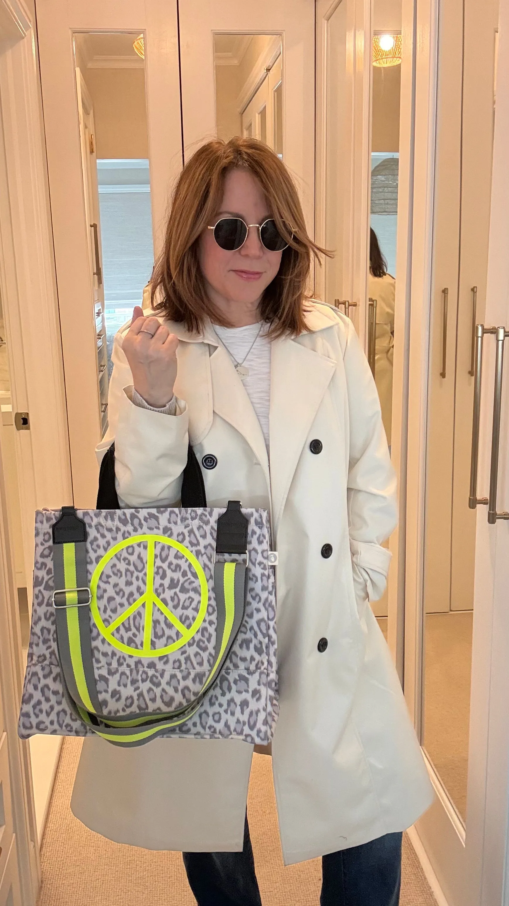 Stephanie's Pick: Grey Leopard Luxe North South Bag with a Neon Yellow Jumbo Peace Sign   FREE Grey/Yellow Stripe Strap