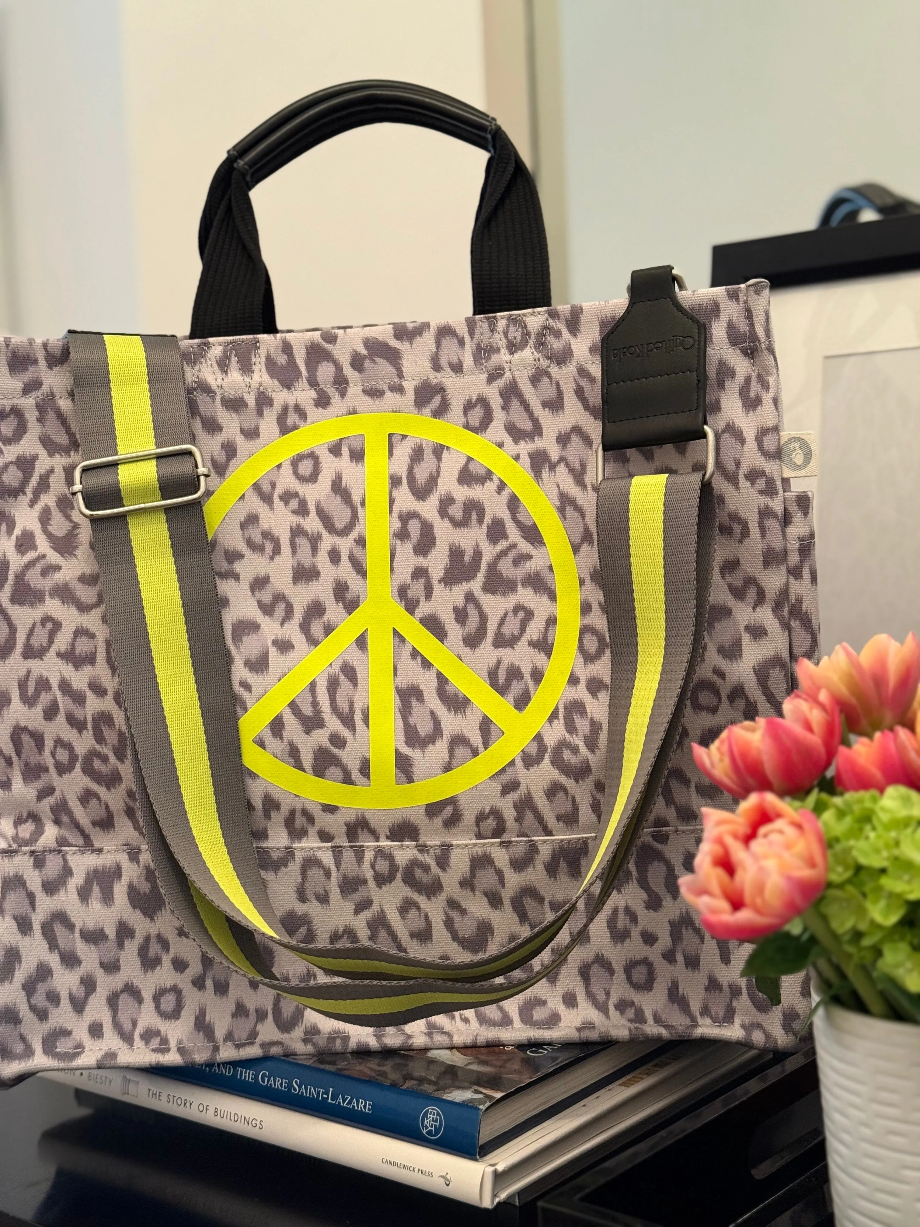 Stephanie's Pick: Grey Leopard Luxe North South Bag with a Neon Yellow Jumbo Peace Sign   FREE Grey/Yellow Stripe Strap