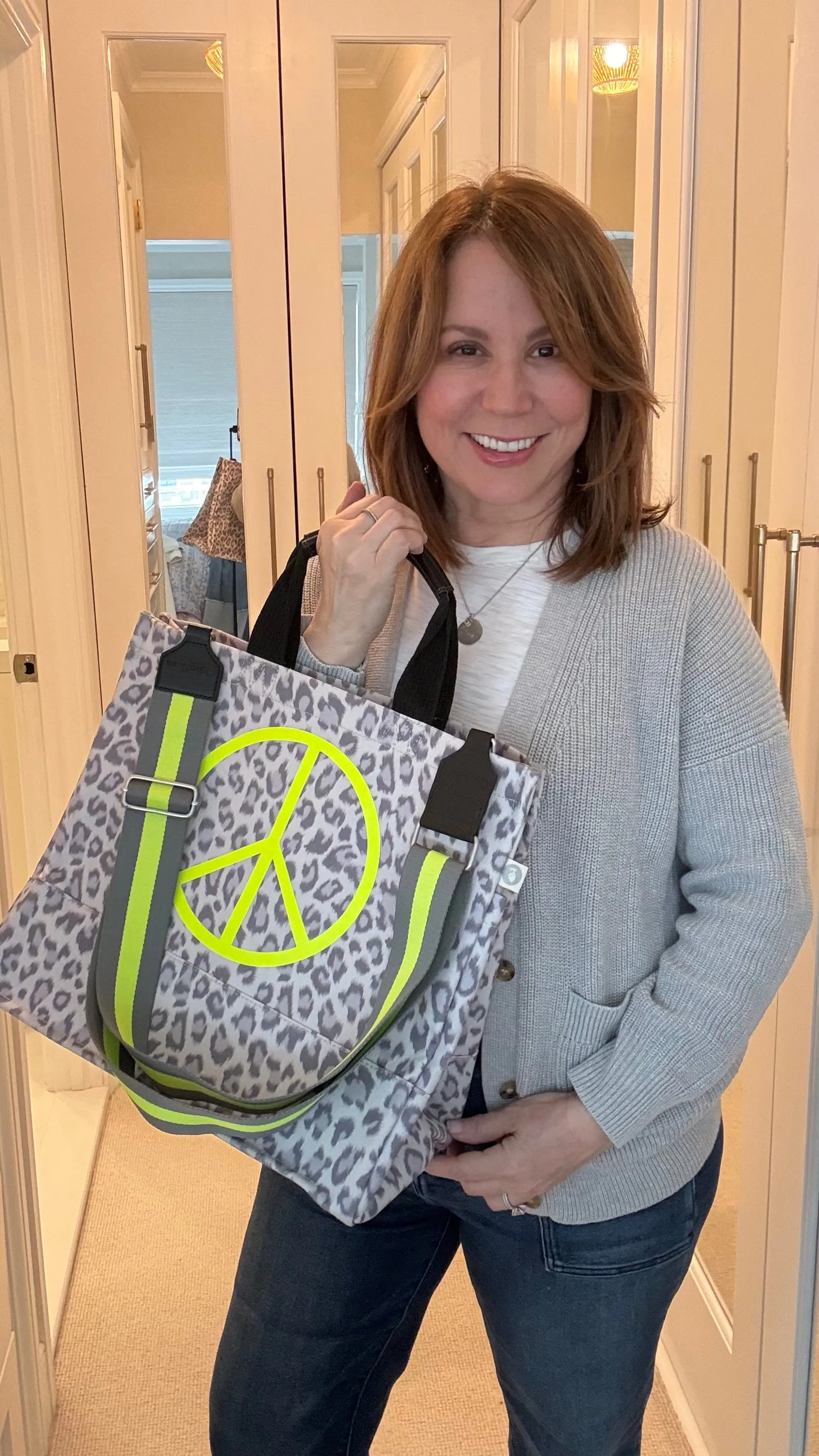 Stephanie's Pick: Grey Leopard Luxe North South Bag with a Neon Yellow Jumbo Peace Sign   FREE Grey/Yellow Stripe Strap