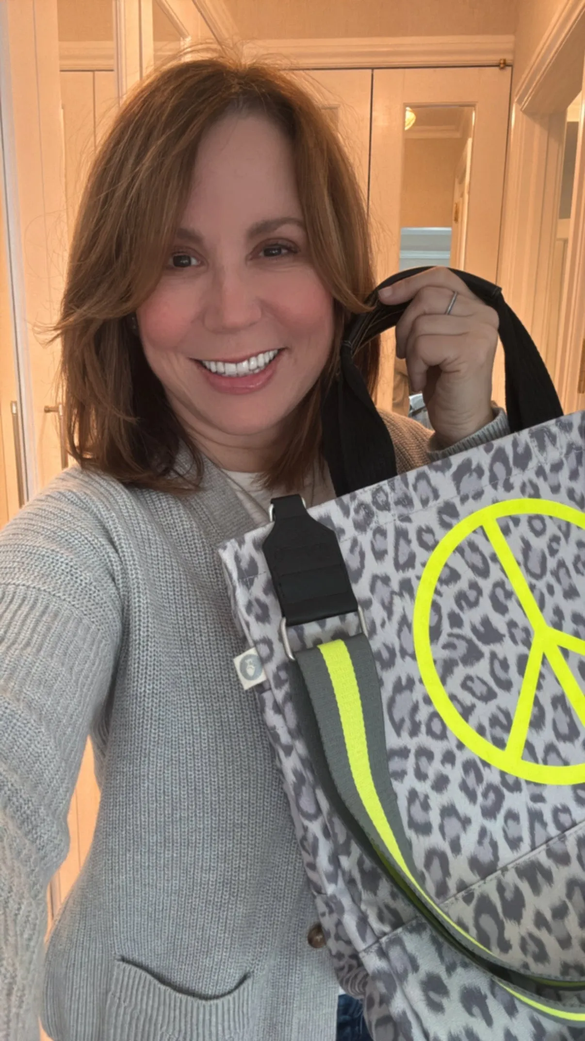 Stephanie's Pick: Grey Leopard Luxe North South Bag with a Neon Yellow Jumbo Peace Sign   FREE Grey/Yellow Stripe Strap