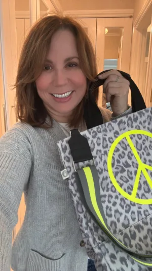 Stephanie's Pick: Grey Leopard Luxe North South Bag with a Neon Yellow Jumbo Peace Sign   FREE Grey/Yellow Stripe Strap