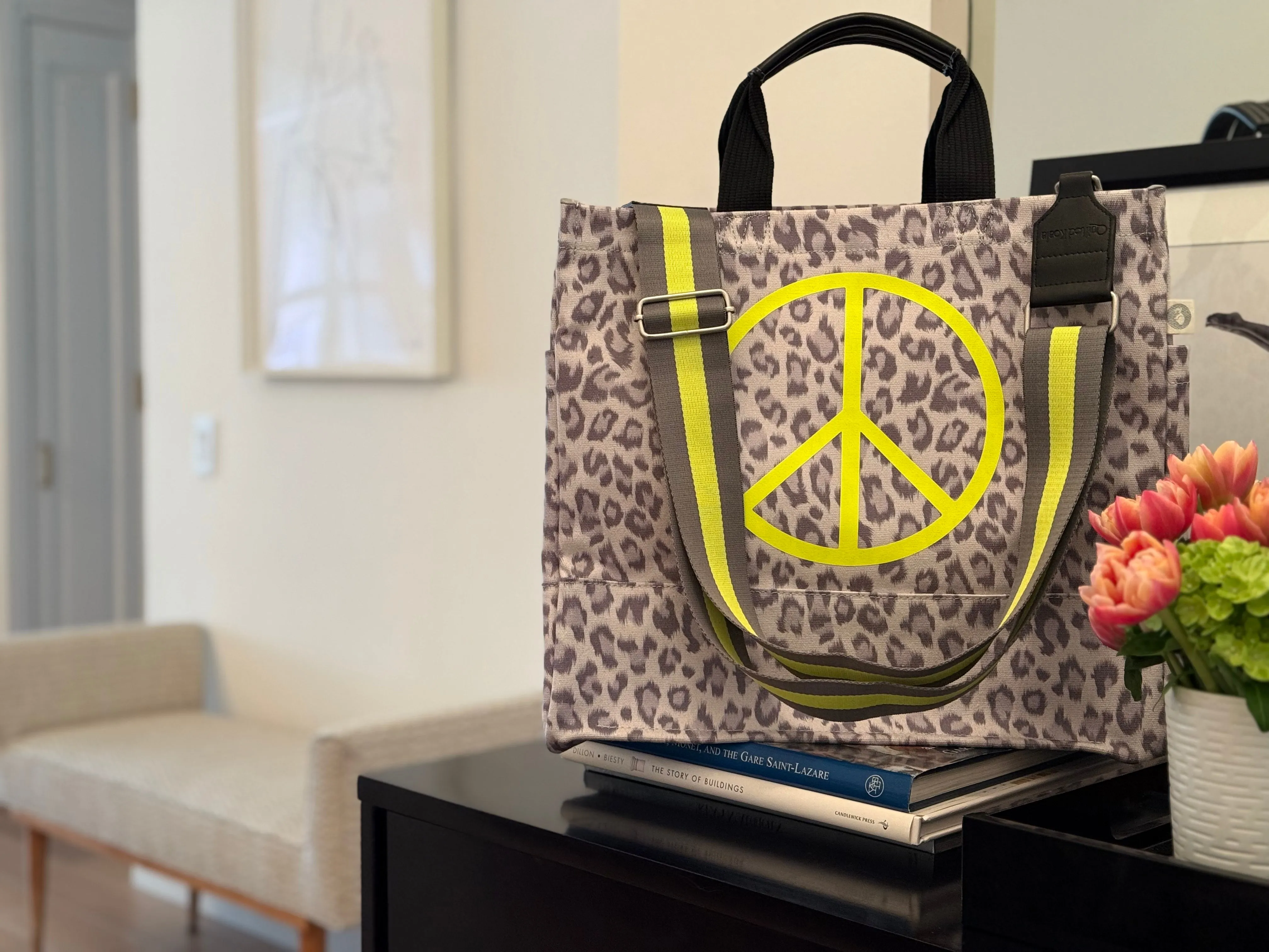 Stephanie's Pick: Grey Leopard Luxe North South Bag with a Neon Yellow Jumbo Peace Sign   FREE Grey/Yellow Stripe Strap