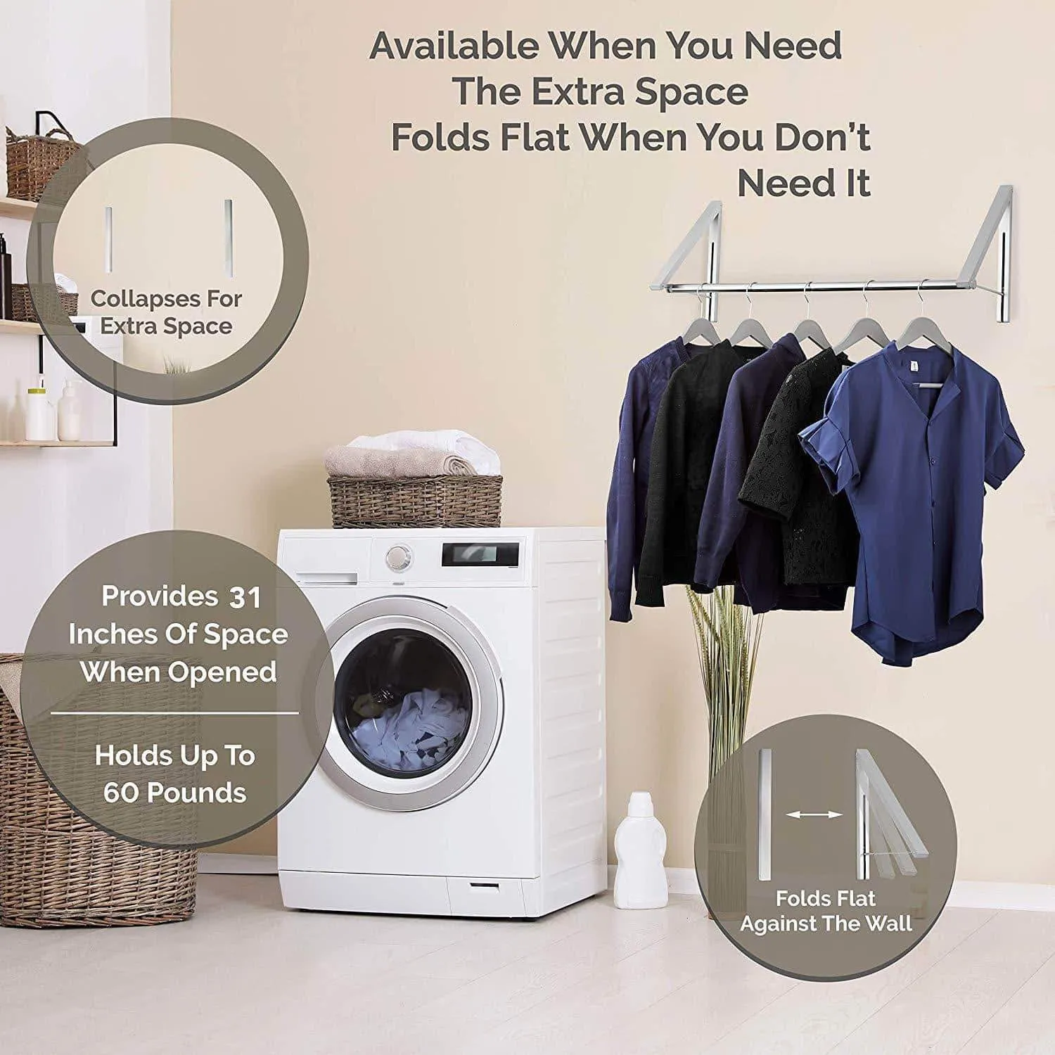 Stock Your Home Retractable Closet Rod and Clothes Rack - Wall Mounted Folding Clothes Hanger Drying Rack for Laundry Room Closet Storage Organization, Aluminum, Easy Installation (Silver)
