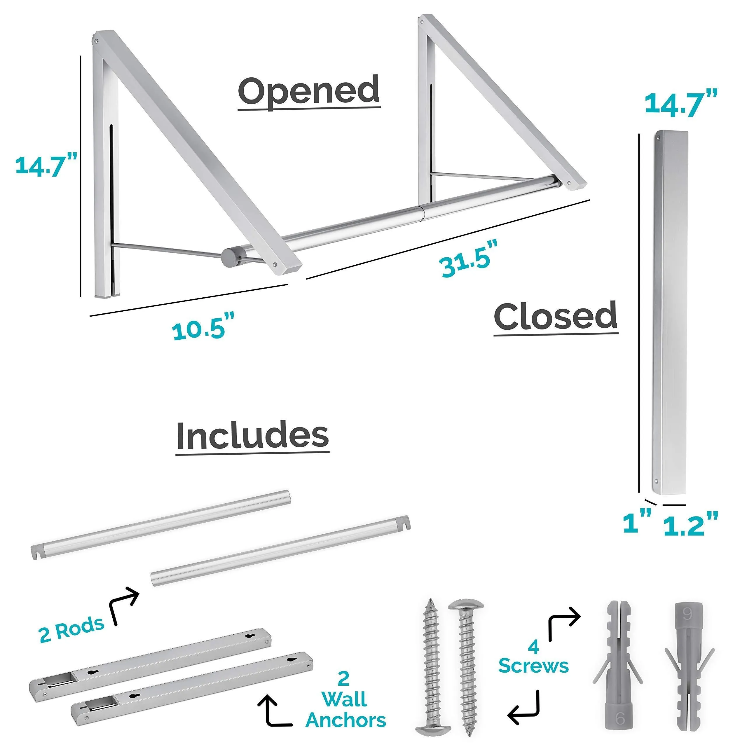 Stock Your Home Retractable Closet Rod and Clothes Rack - Wall Mounted Folding Clothes Hanger Drying Rack for Laundry Room Closet Storage Organization, Aluminum, Easy Installation (Silver)