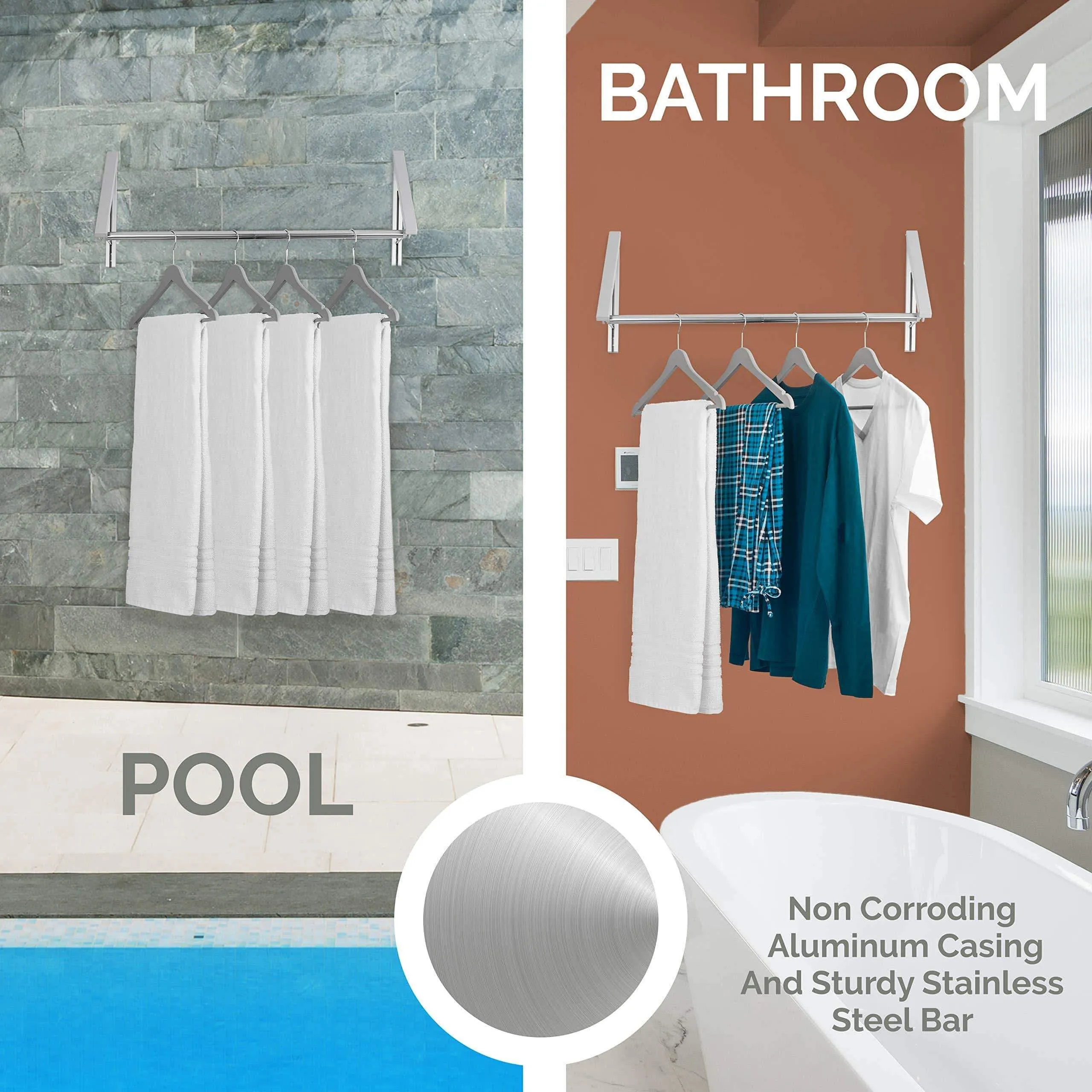 Stock Your Home Retractable Closet Rod and Clothes Rack - Wall Mounted Folding Clothes Hanger Drying Rack for Laundry Room Closet Storage Organization, Aluminum, Easy Installation (Silver)
