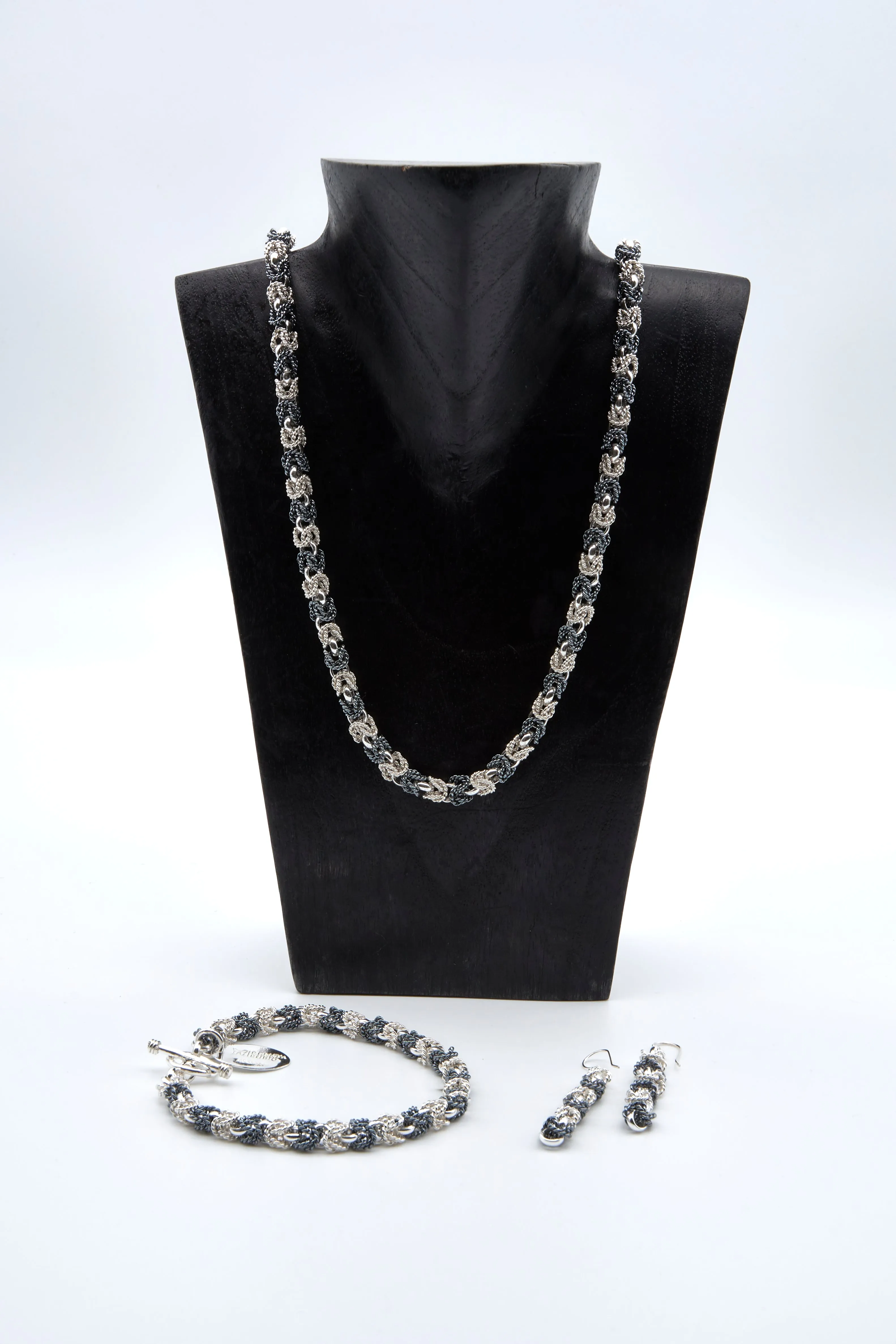 Two Tone Byzantine Set of Sterling Silver Necklace, Bracelet and Earrings