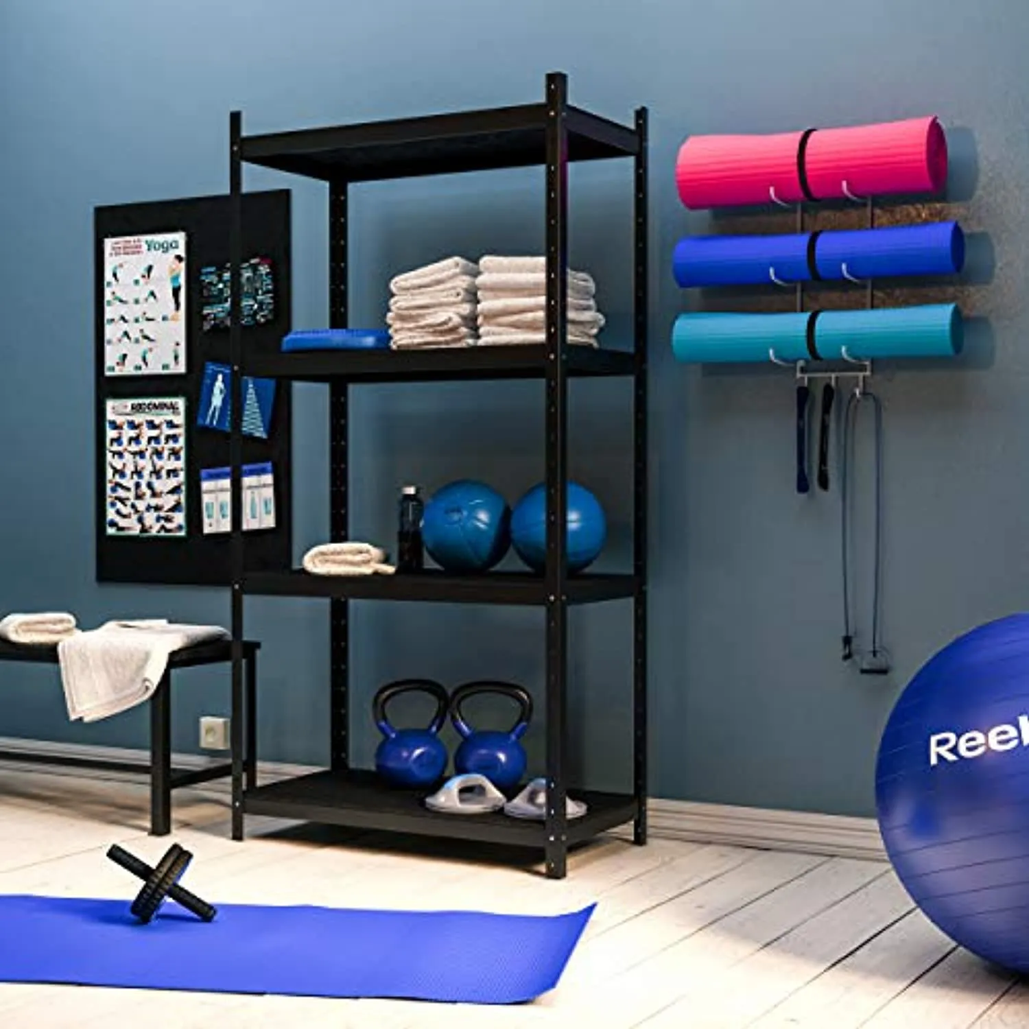 Wallniture Guru Wall Mount Yoga Mat Foam Roller and Towel Rack with 3 Hooks for Hanging Yoga Strap and Resistance Bands, 3-Sectional Metal