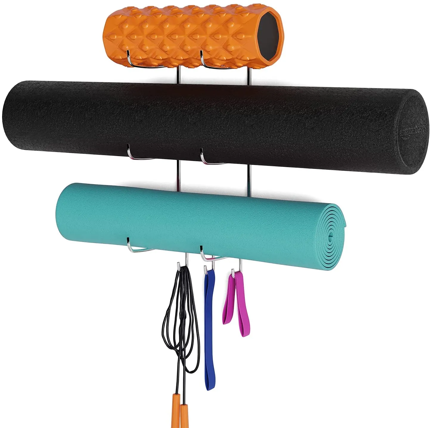 Wallniture Guru Wall Mount Yoga Mat Foam Roller and Towel Rack with 3 Hooks for Hanging Yoga Strap and Resistance Bands, 3-Sectional Metal