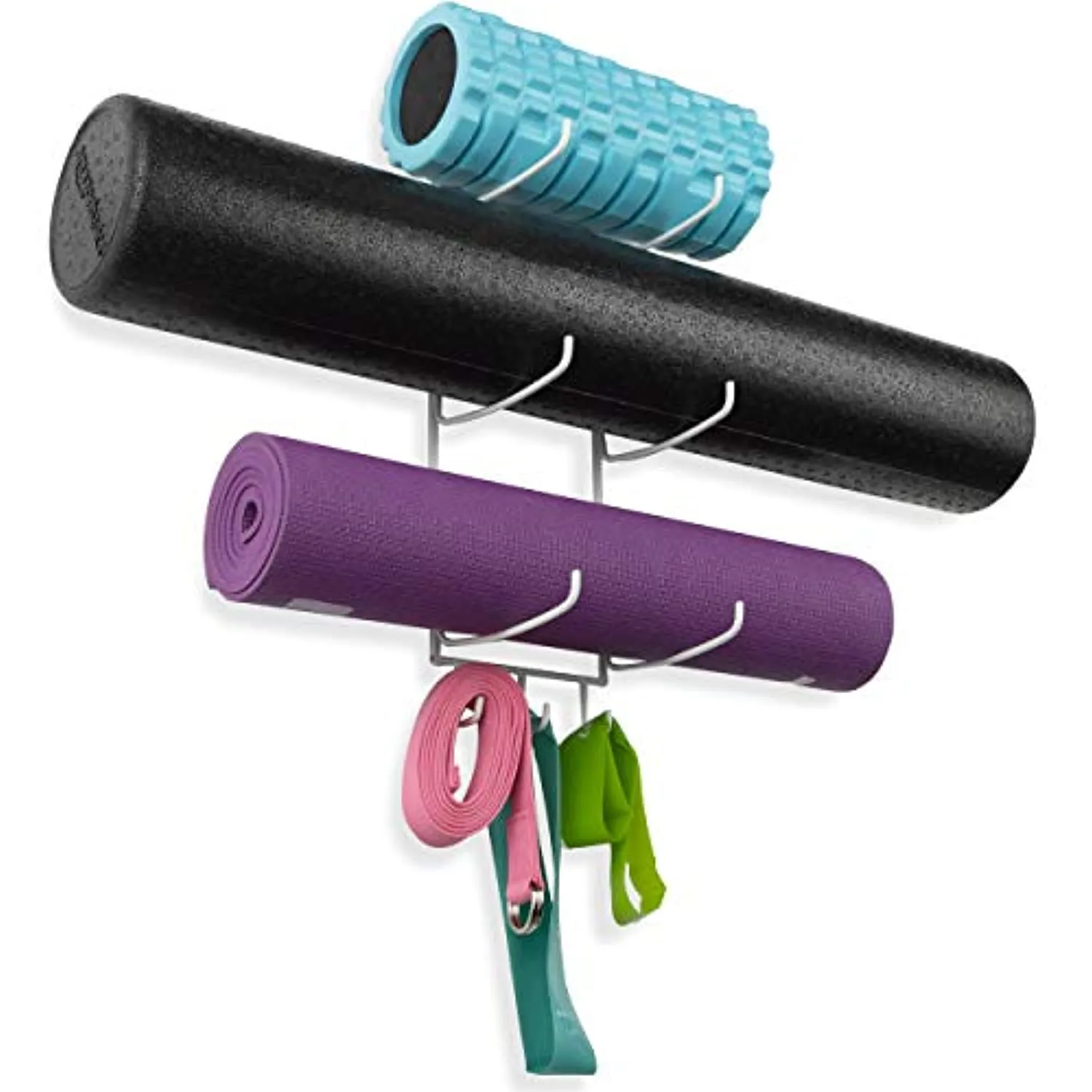 Wallniture Guru Wall Mount Yoga Mat Foam Roller and Towel Rack with 3 Hooks for Hanging Yoga Strap and Resistance Bands, 3-Sectional Metal