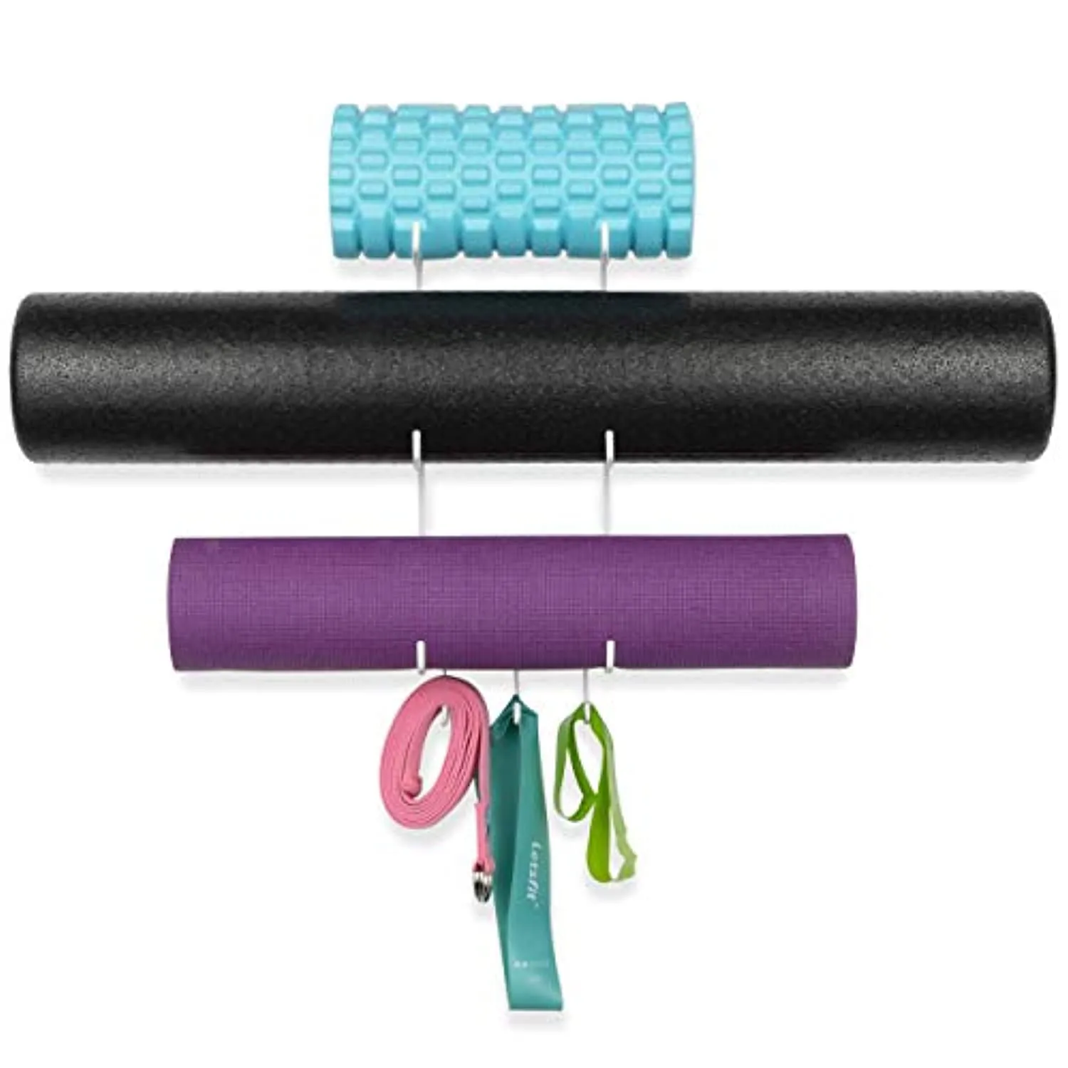 Wallniture Guru Wall Mount Yoga Mat Foam Roller and Towel Rack with 3 Hooks for Hanging Yoga Strap and Resistance Bands, 3-Sectional Metal